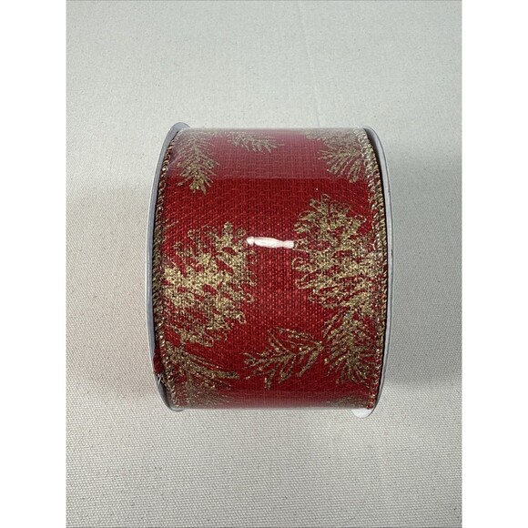 Celebrate It Wire Red Ribbon Gold Pine Cones and Pine Needles 2.5" x 25' NEW - Picture 1 of 5